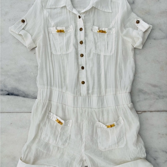 Lucy Paris Romper Shorts White Sheer Short Sleeve Women L Beach Coastal Resort - Picture 3 of 12
